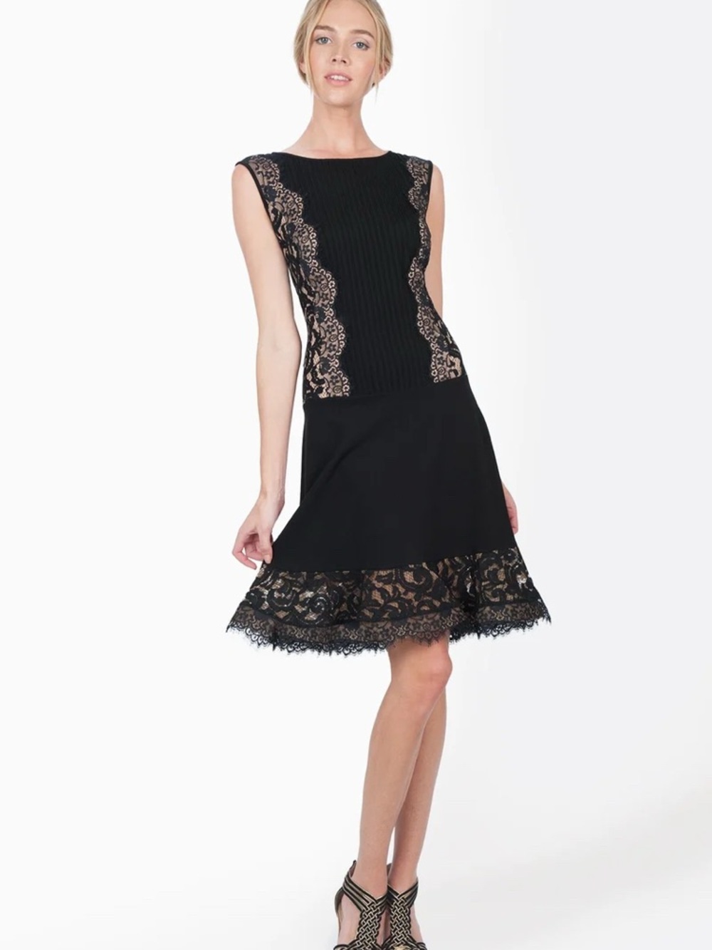 Tadashi Shoji Pintuck Jersey Lace Panel Dress Black with Nude Lace Insets